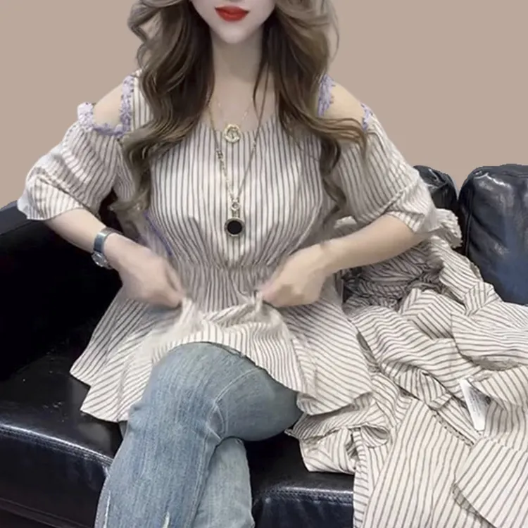 露肩短袖衬衫女款外穿2025夏季新款时髦感通勤女装小众设计感上衣