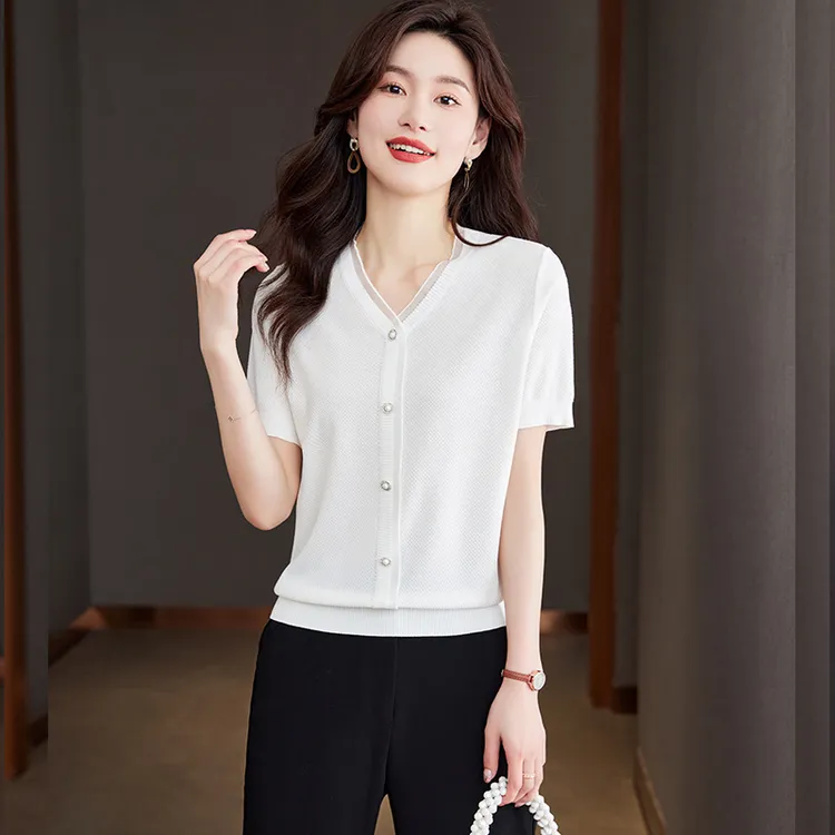 夏季新款高端时尚气质洋气设计感小香风桑蚕丝减龄修身显瘦短袖女