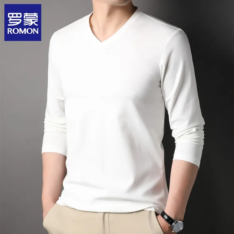 罗蒙男士长袖T恤秋冬季休闲体恤含桑蚕丝男款鸡心V领白色打底衫男