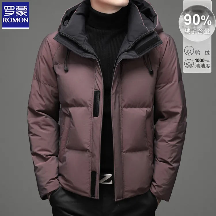 罗蒙羽绒服男士冬季加厚款保暖白鸭绒外套男款时尚带帽防风面包服