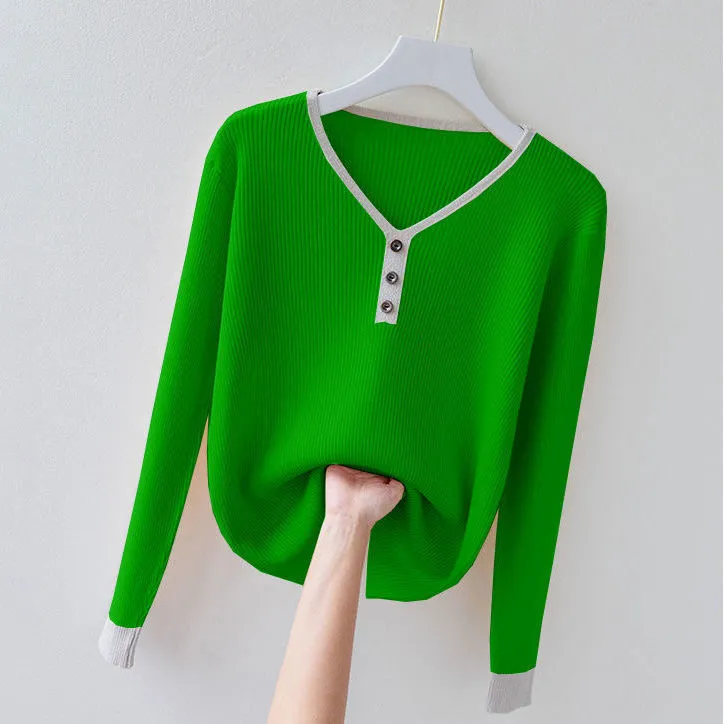 宽松显瘦休闲长袖针织衫新款2021爆款时尚洋气秋冬撞色上衣打底衫