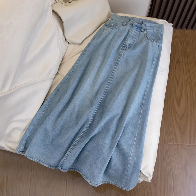 091高腰牛仔半身裙女夏季2024新款复古宽松百褶裙a字中长款半裙