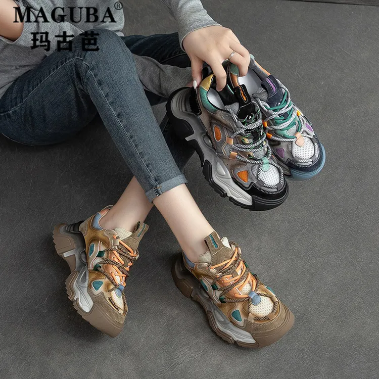 纪诗哲秋冬新款头层牛皮复古风时尚拼色老爹鞋厚底舒适时尚女鞋