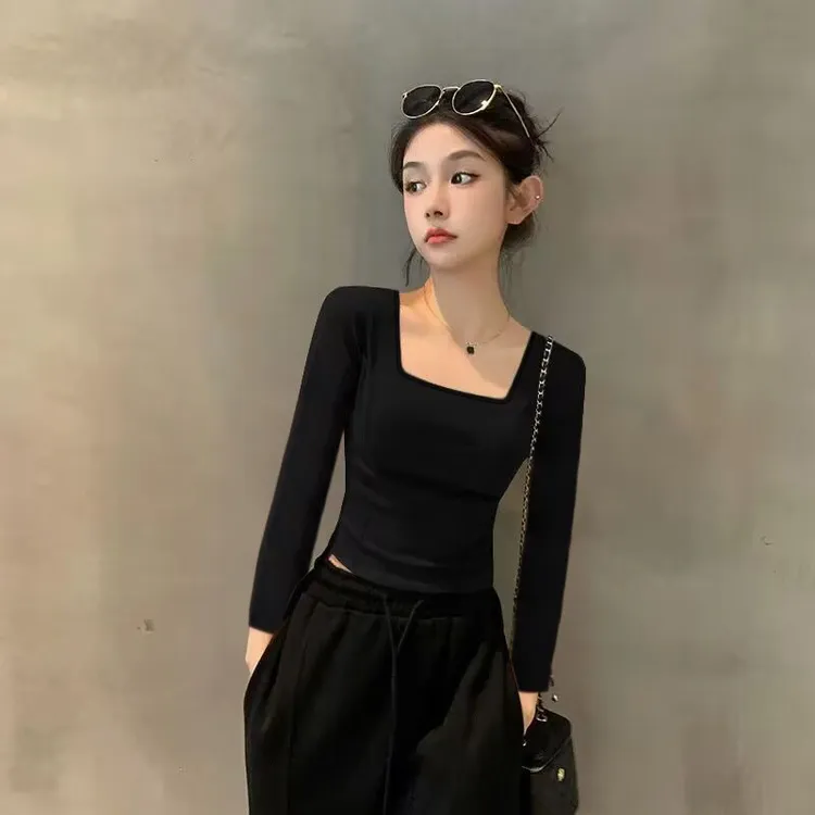 早秋新款方领时尚长袖T恤女紧身短款螺纹鱼骨正肩显瘦气质上衣潮