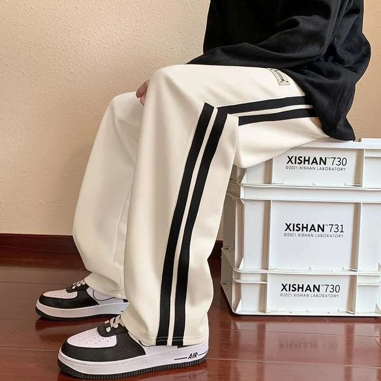 2023秋冬季条纹休闲裤高街时尚潮流中腰长裤直筒百搭卫裤运动裤男