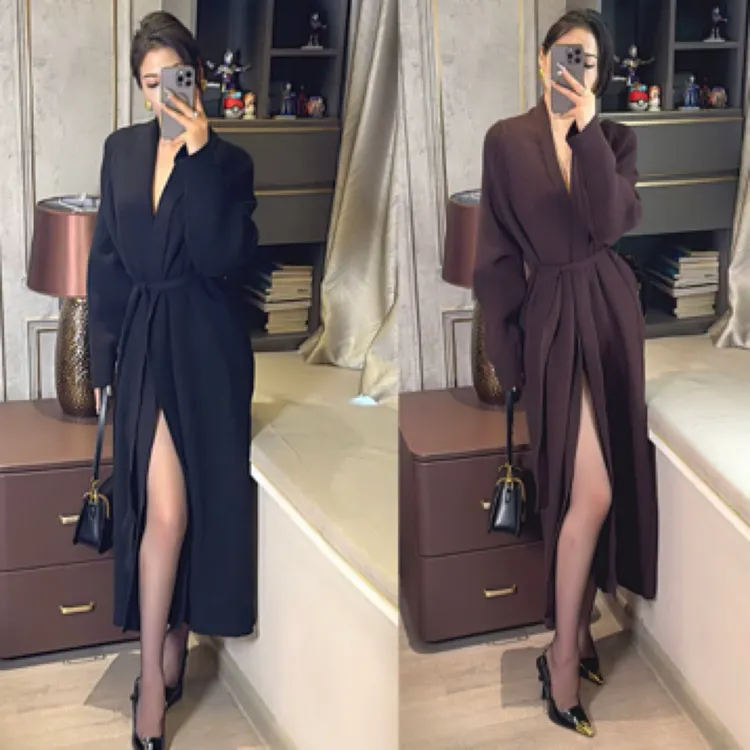 法式秋季新款系带收腰针织开衫大衣中长款宽松慵懒风毛衣外套女士