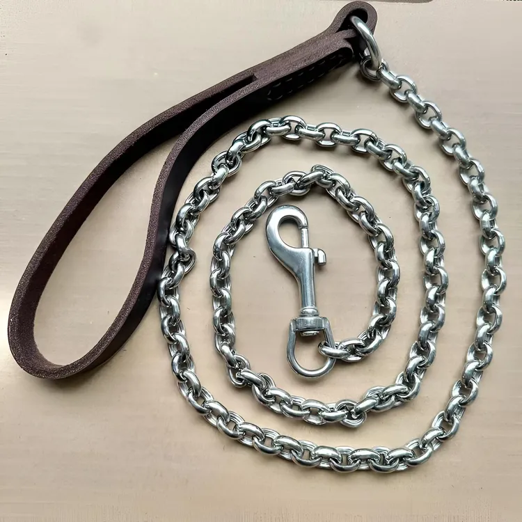 圆面防咬牛皮把手不锈钢牵引绳中大型犬狗链子遛狗狗绳德牧马犬