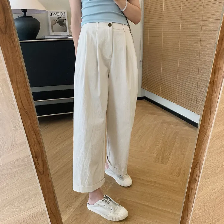 美式休闲裤夏季薄款小个子阔腿显瘦工装裤女新款宽松高腰裤子白色