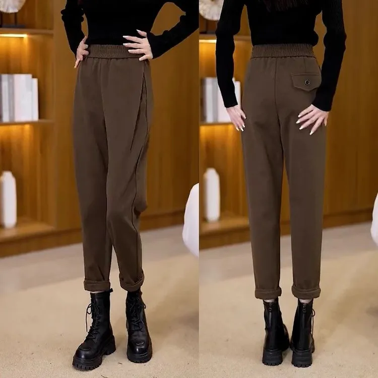毛呢秋冬新款加厚时尚高腰加绒裤子舒适宽松显瘦外穿百搭哈伦裤女