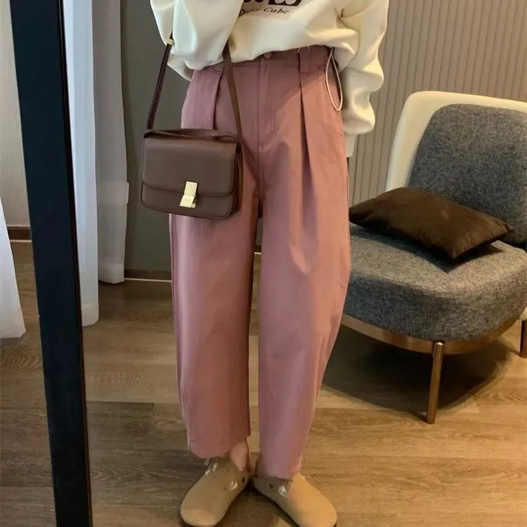 新款粉色阔腿裤女通勤个性显瘦宽松哈伦裤韩版休闲工装裤子女百搭