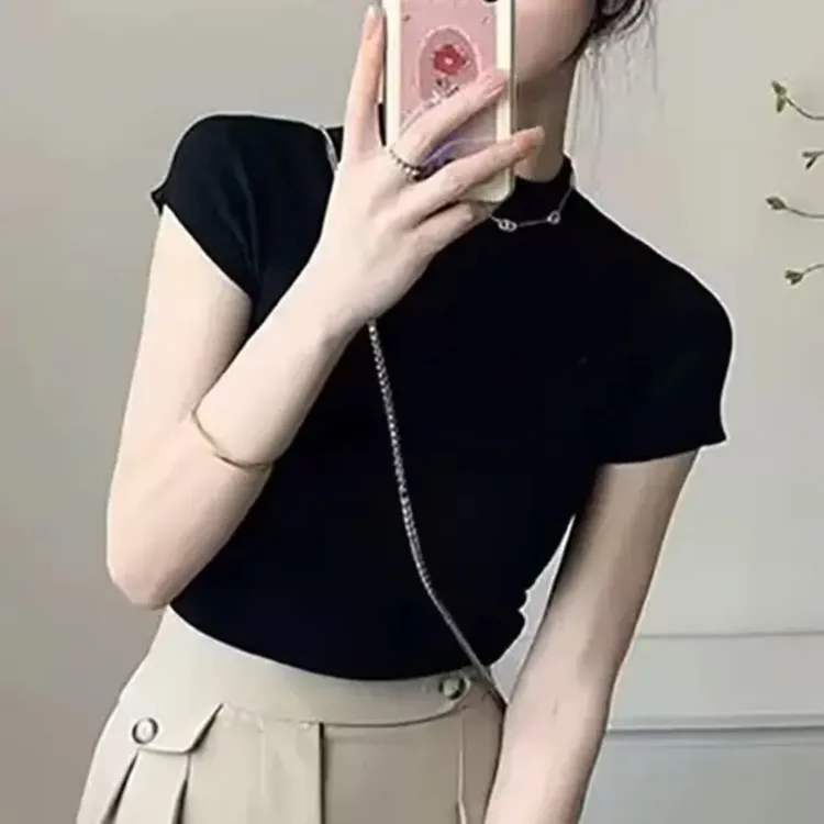 【送项链】秋季新款软糯短袖直角肩简约百搭修身显瘦时尚上衣t恤女-