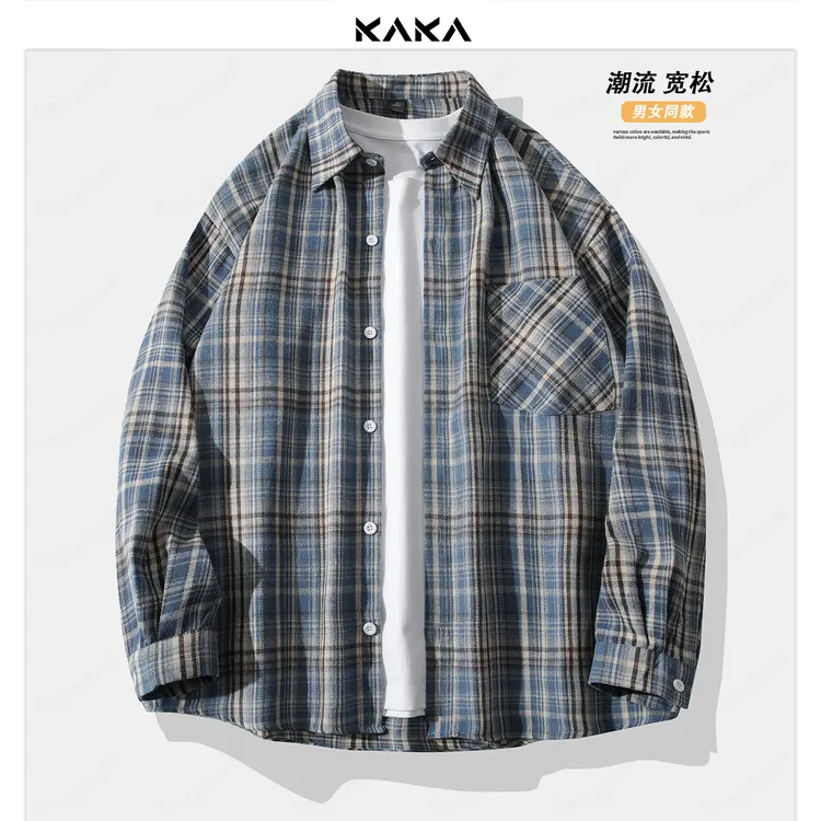 春秋季oversize美式复古潮牌宽松慵懒风休闲衬衣外套情侣蓝色格子