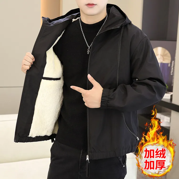 加绒可选秋冬季外套男士加绒夹克休闲工装外套连帽加厚加绒棉衣