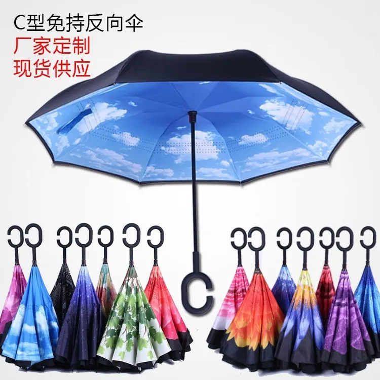 新款免持式汽车专用伞反向伞可站立雨伞双层伞布防晒晴雨伞印花