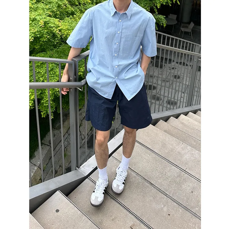 浅蓝色短袖衬衫男夏季日系宽松百搭五分袖寸衫少年感穿搭衬衣外套