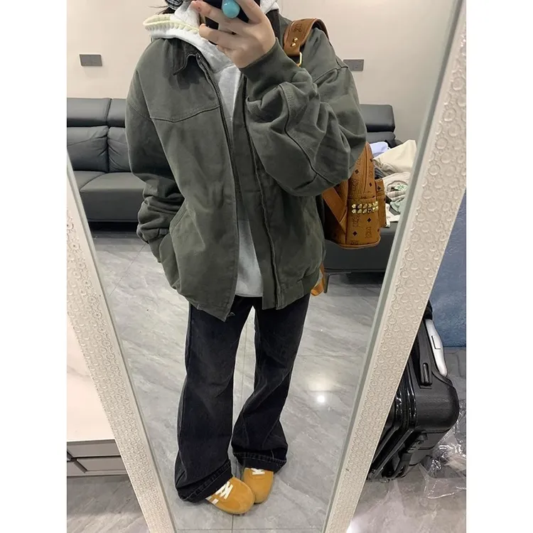 灰绿色工装夹克外套男春秋季cleanfit高街棒球服美式复古翻领上衣