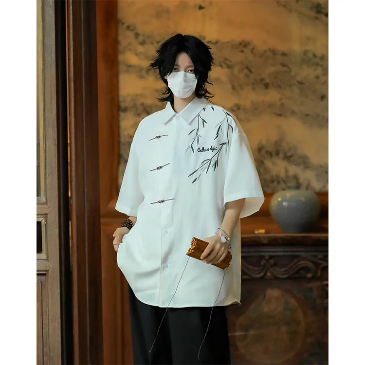 新中式男装斜襟冰丝白色衬衣男夏季国潮中国风短袖设计感唐装衬衣