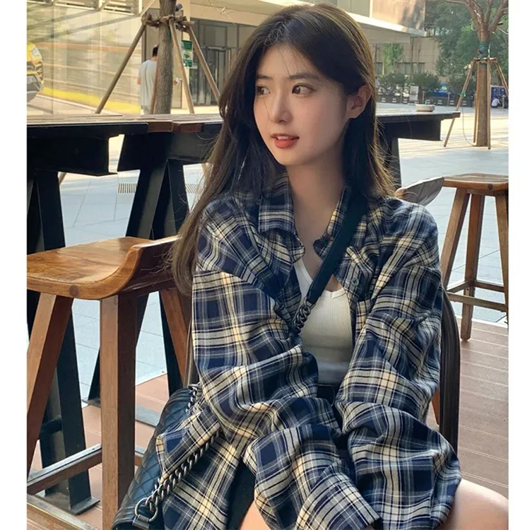  藏青色格子衬衫男春秋美式休闲潮流百搭韩系cityboy情侣衬衣外套