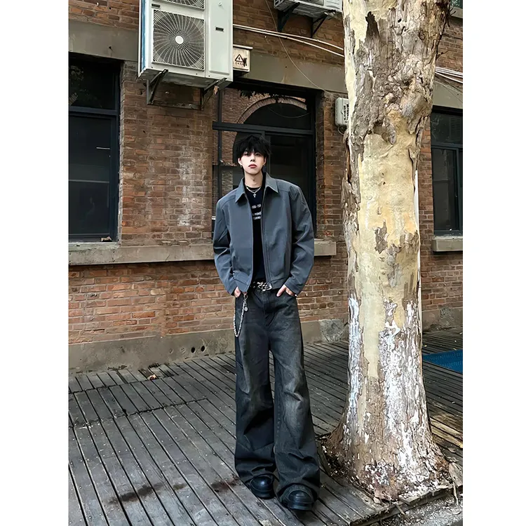 cleanfit灰色短款夹克外套男春秋款高级感痞帅垫肩翻领正肩棒球服