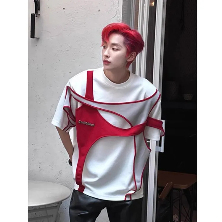 红色解构垫肩t恤男小众设计痞帅高级感重磅短袖圆领上衣半袖潮流