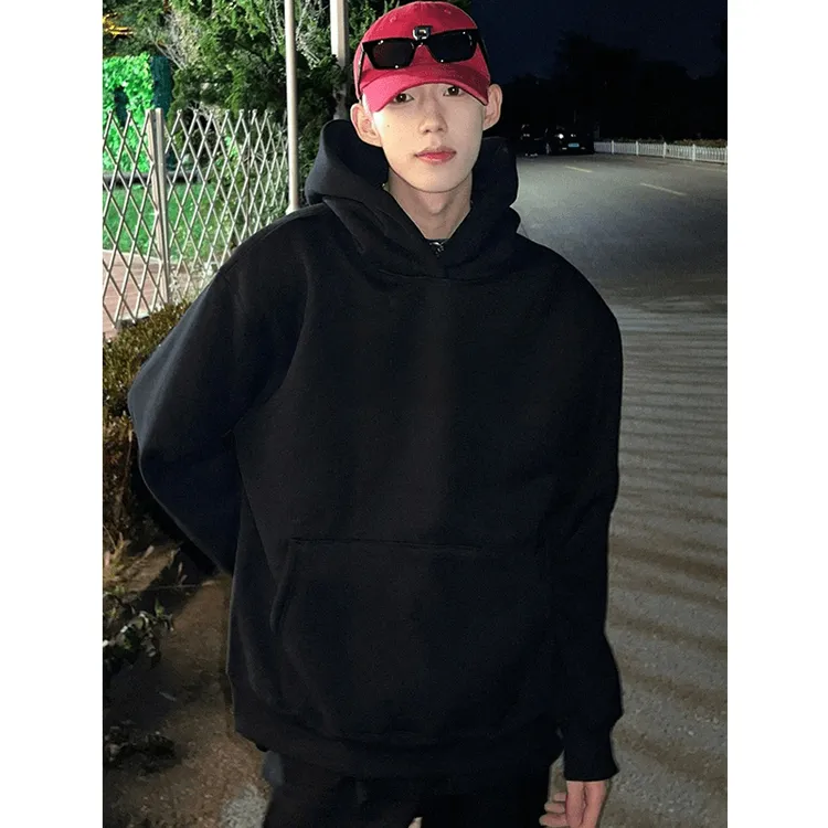cleanfit黑色高克重磅中山卫衣男春秋纯色连帽衫硬挺正肩加绒外套
