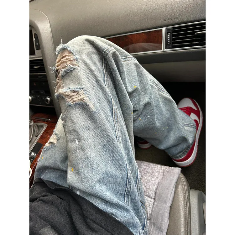 泼墨破洞牛仔裤男款夏季潮牌美式高街vibe裤子cleanfit直筒微喇裤