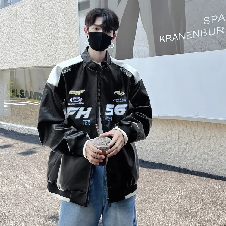 美式高街PU皮赛车风外套男款春秋季痞帅防水机车服hiphop立领夹克