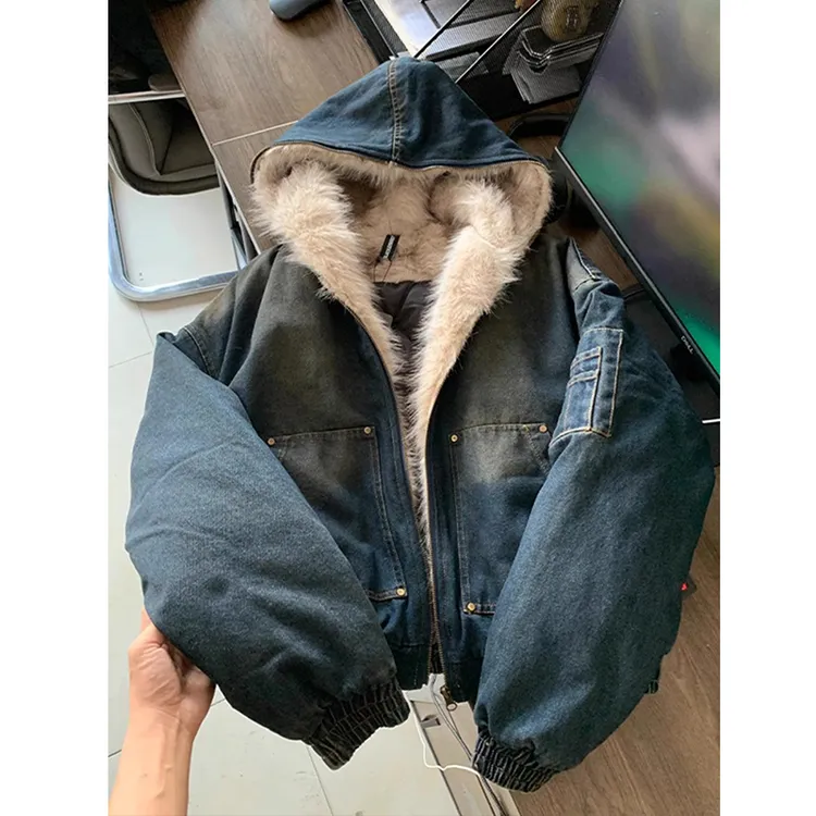 美式复古牛仔座山雕毛领棉服外套男冬季加绒重磅水洗帆布夹克棉衣