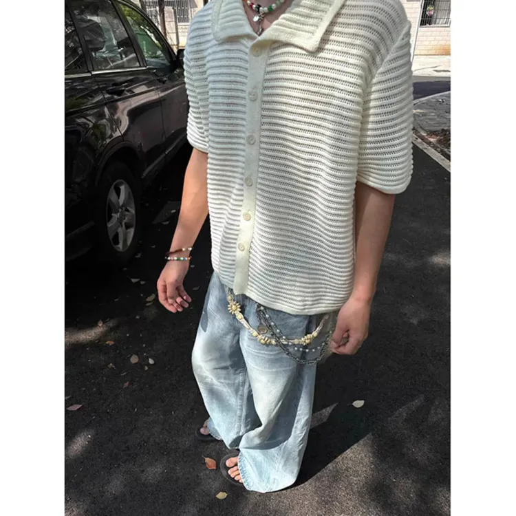 镂空设计老钱风衬衫男高级感痞帅夏季针织衫boxy短袖开衫衬衣外套