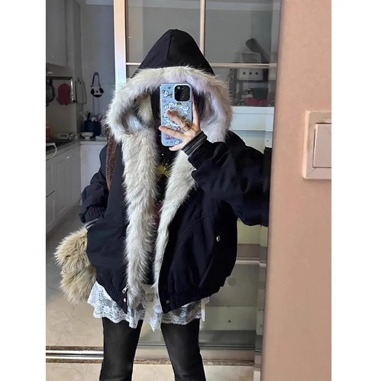 美式复古座山雕毛领连帽棉服男女冬季高街加绒加厚外套羊羔绒棉衣