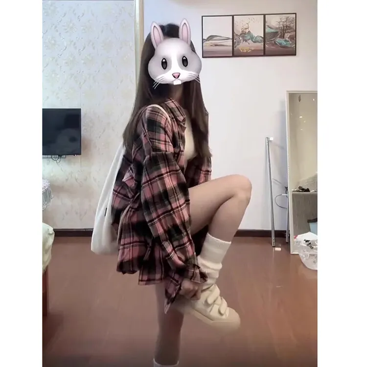 美式复古格子衬衫外套女早秋2025新款oversize长袖高级感上衣春秋