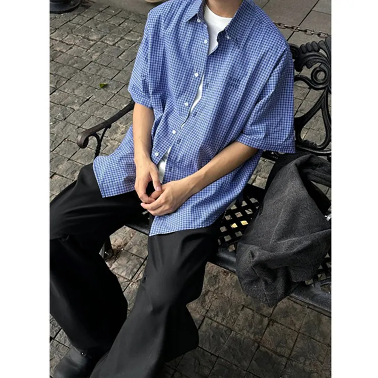 cleanfit刺绣格子衬衫男夏季薄款美式复古短袖衬衣高级感痞帅外套