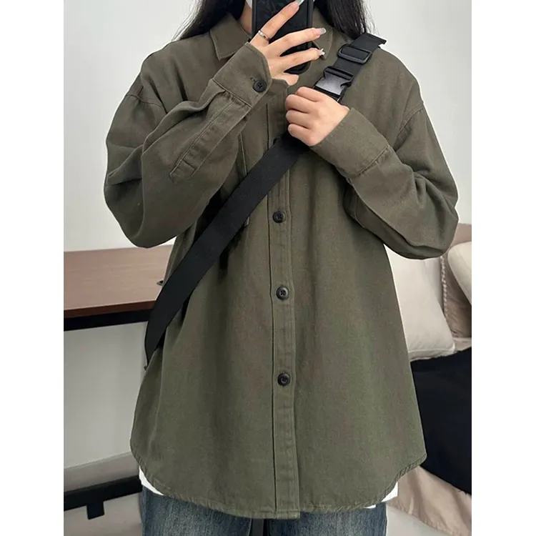 日系复古军绿色工装长袖衬衫男秋季痞帅潮牌休闲纯棉内搭衬衣外套