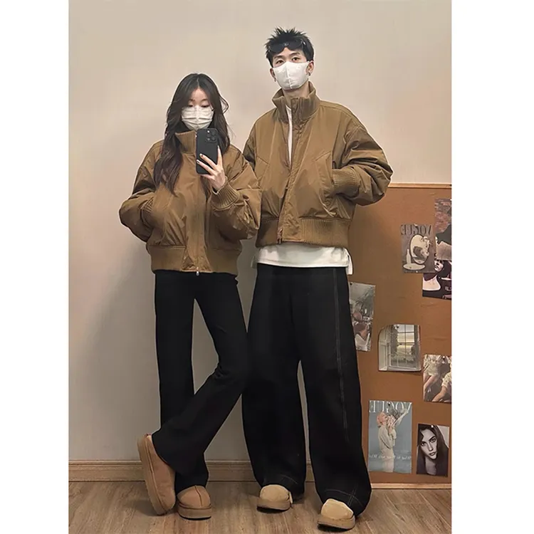 棕色情侣飞行员夹克棉服男款冬季美式复古棉袄廓形夹棉棒球服外套
