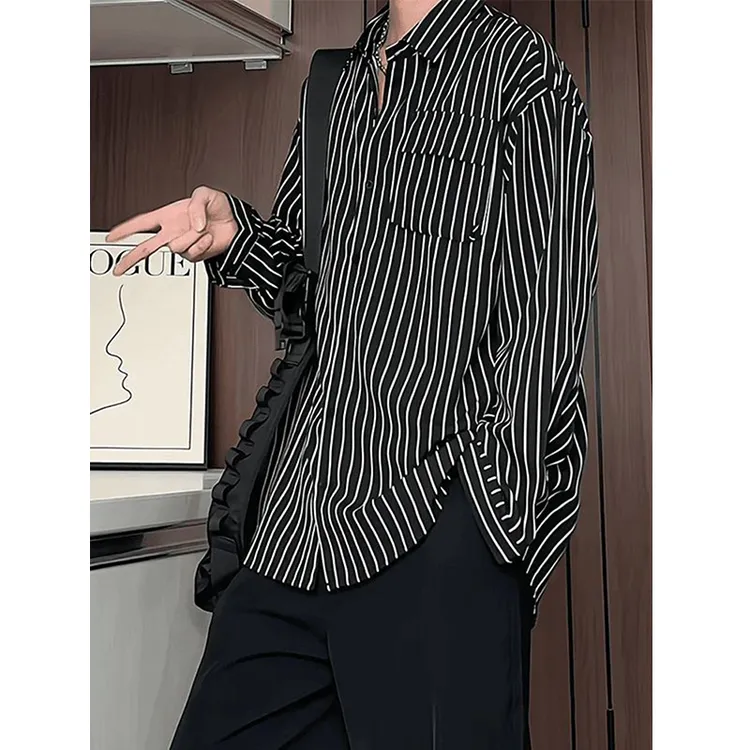 美式复古黑白条纹衬衫男高级感痞帅古巴领衬衣长袖dk制服工装外套