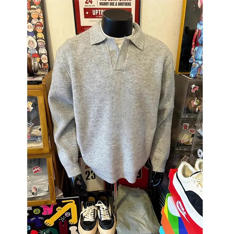 cleanfit灰色翻领毛衣男冬季高级感长袖V领外套慵懒风内搭针织衫