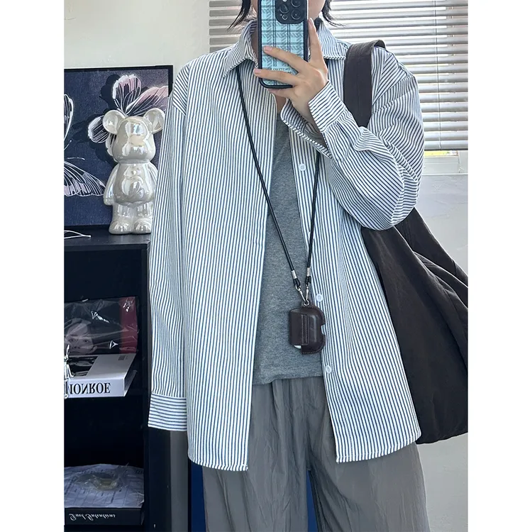 重磅纯棉蓝色条纹长袖衬衫男士秋季韩版潮牌上衣oversize叠穿衬衣