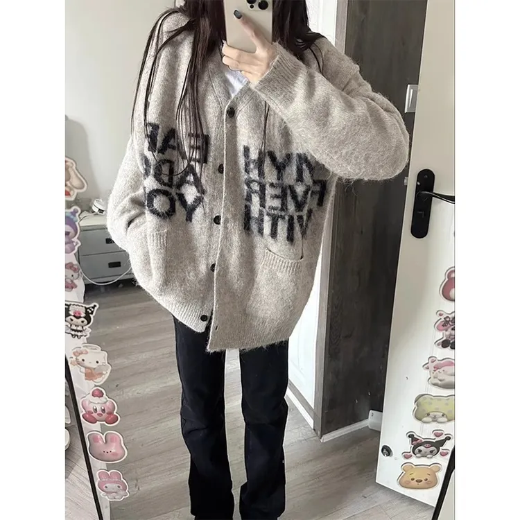 美式复古毛衣开衫男秋冬款宽松慵懒高级感痞帅高街字母针织衫外套