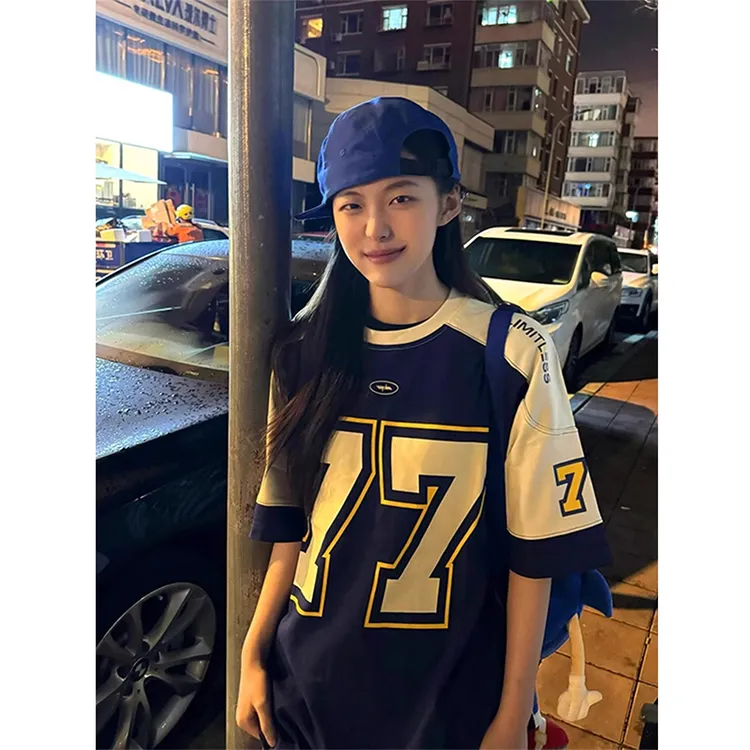 美式复古高街机车t恤拼接篮球运动球衣短袖男款夏季vintage冰球服