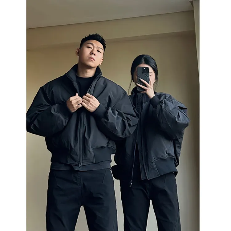 黑色短款棉服男冬季廓形bomber飞行员夹克外套加厚保暖夹棉棒球服