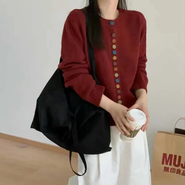 彩色扣子复古灰色毛衣外套高级感百搭减龄洋气针织开衫女士毛衫