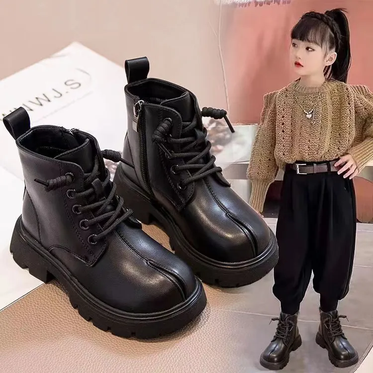 女童马丁靴2025冬新款男童加绒中大童大棉时尚软底儿童皮靴英伦风