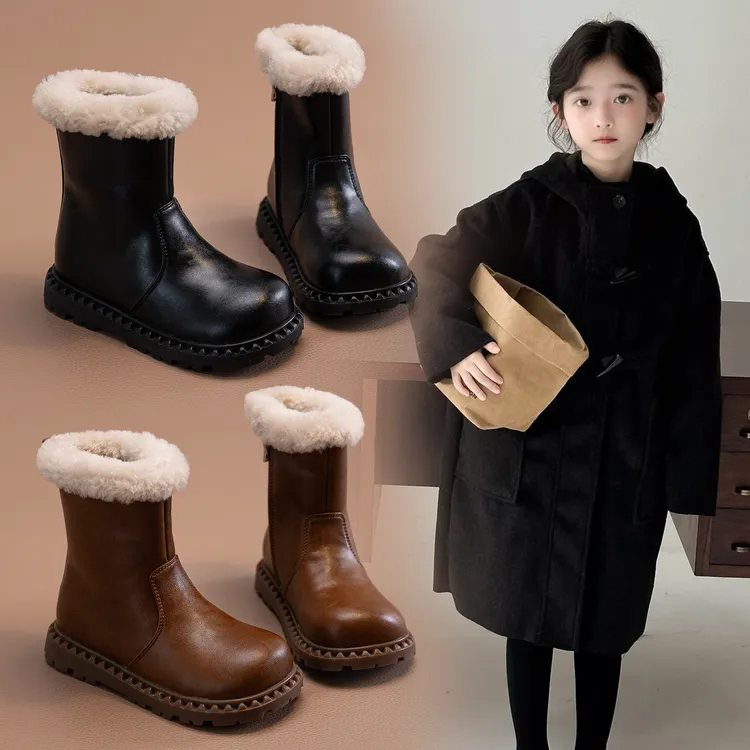 童梦晴天女童短靴马丁靴2024新款冬季儿童加绒二棉鞋大童皮靴秋冬