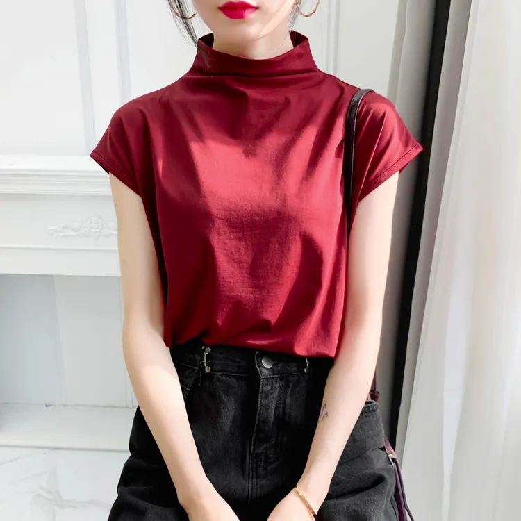 半高领短袖t恤女2023新款韩版宽松大码纯色棉上衣百搭显瘦打底衫