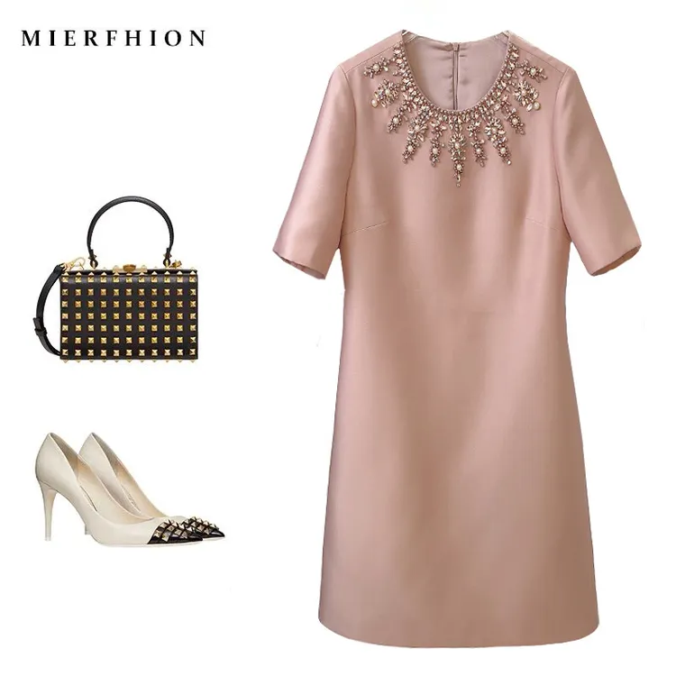 维伊凡夏装连衣裙女重工镶钻亮面光泽贵妇轻奢丈母娘喜婆婆喜妈妈