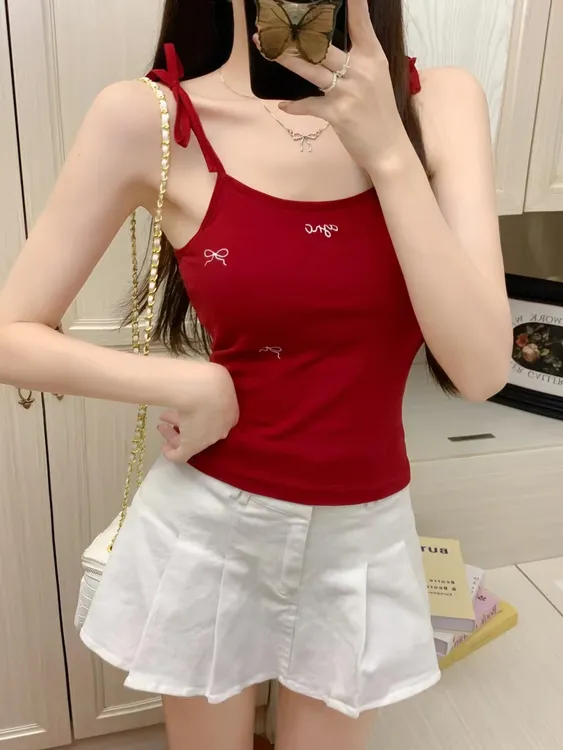 趣味刺绣性感蝴蝶结吊带背心黑色高级感美式辣妹夏季上衣女