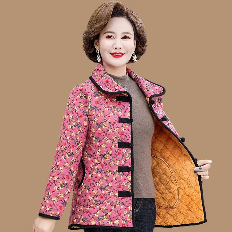 妈妈冬装新款碎花盘扣棉衣中年女装大码民族风唐装加绒小棉