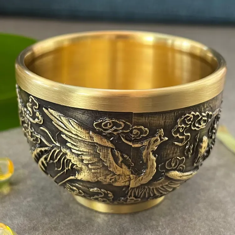 【爆款】龙纹纯铜加厚酒杯黄铜龙凤杯二两酒杯家用茶杯铜酒杯创意
