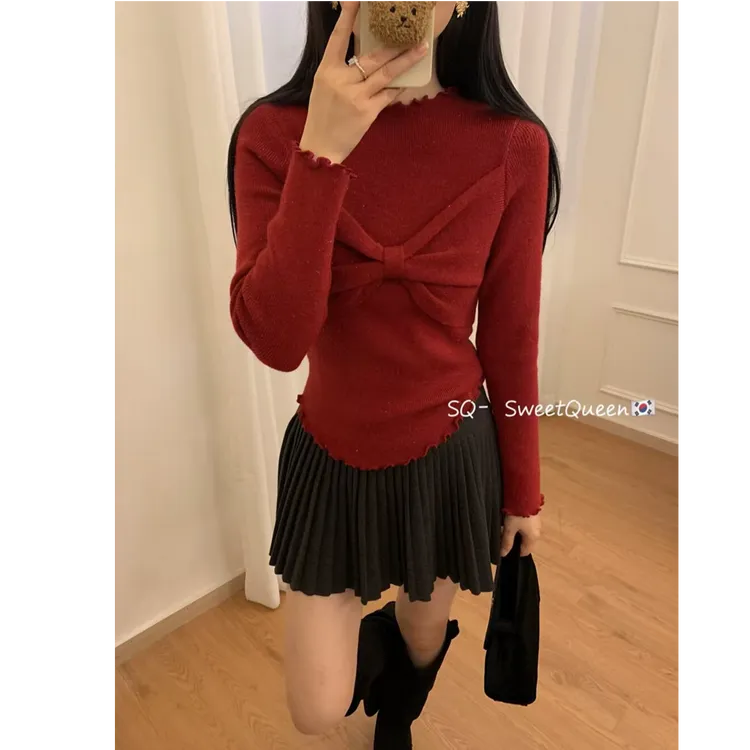 2024秋冬修身内搭气质百搭针织打底衫纯欲立领胸前扭结长袖T恤女