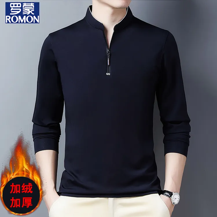罗蒙长袖T恤男秋冬加绒加厚新款中青年半高拉链领商务休闲打底衫